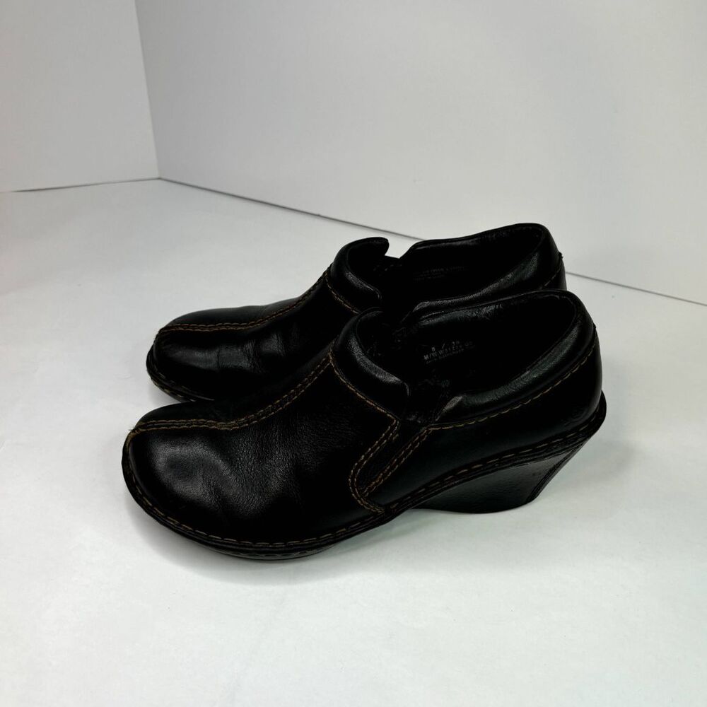 Born Brenta Black Leather Slip On Wedge Clogs Mules Womens Classic Comfy